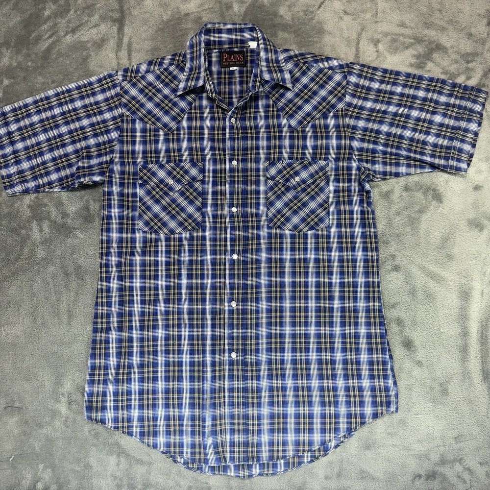 Plains Western Wear Mens Vintage Blue Shirt Pearl Snaps Cowboy Rodeo Size S